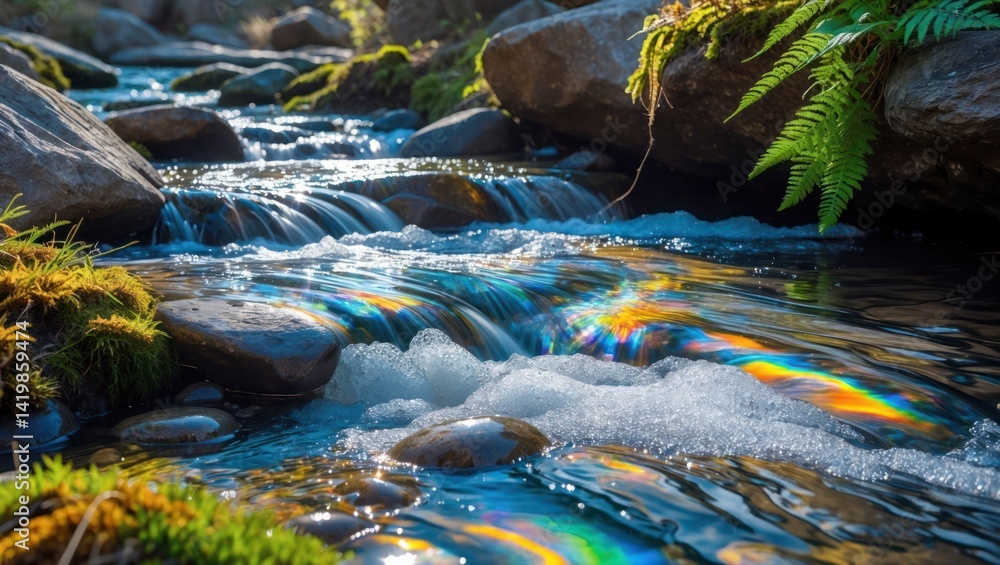 Poster flowing stream through rocks with sunlit reflections in forest setting