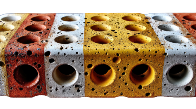 Multicolored Perforated Brick: A close-up shot reveals the intricate detail of a decorative brick, showcasing its unique multicolored stripes of red, yellow, and white.