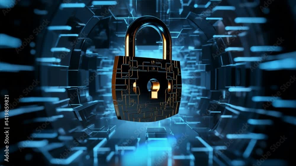 Poster a digital padlock symbolizing cybersecurity and data protection in a futuristic environment.