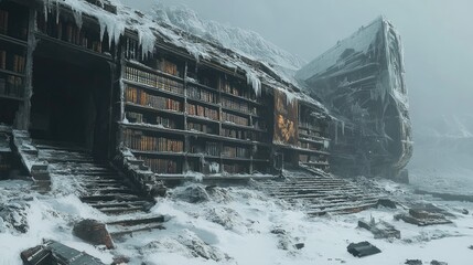A decayed library deep in a frozen wasteland, bookshelves filled with texts from unknown civilizations.