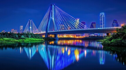 Obraz premium A lit bridge and city reflect beautifully on the water at night