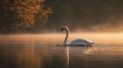 Naklejka premium Elegant white swan gliding on a misty lake during golden hour