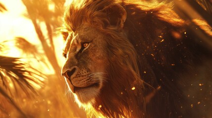 Naklejka premium Majestic Lion at Sunrise, African Savanna, Golden Light