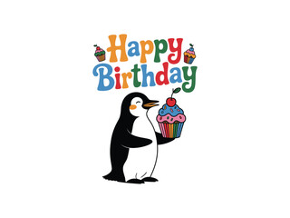Obraz premium Happy Birthday Penguin with Cherry Cupcake vector