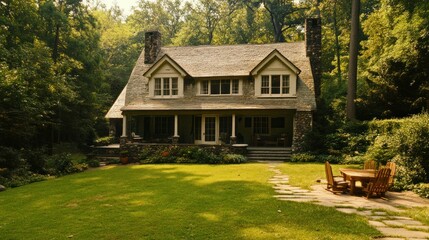 A charming two story house surrounded by lush green vegetation