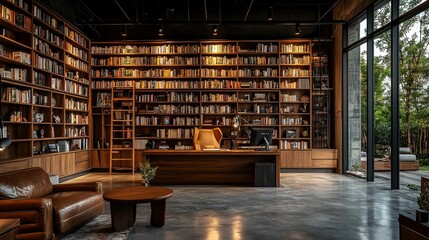 Spacious, modern home library with dark wood finishes.