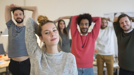 Diverse group stretching in the office. Teamwork, well-being, and healthy work environment concepts are represented.