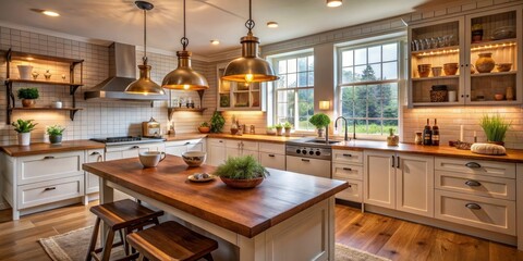 Rustic Farmhouse Kitchen Design with Warm Lighting, Wooden Island, and White Cabinets
