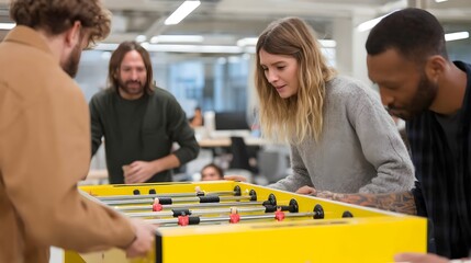 Team Building Fun: Colleagues enjoying a foosball game in a bright and modern office, fostering camaraderie and relaxation during work hours.
