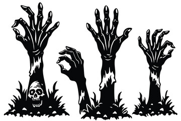 Fototapeta premium Zombie hands silhouette. Creepy zombie crooked lambs stick out of graveyard ground illustration set. Halloween zombie hands. Halloween and nightmare, creepy and evil zombie.