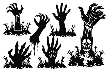 Zombie hands silhouette. Creepy zombie crooked lambs stick out of graveyard ground illustration set. Halloween zombie hands. Halloween and nightmare, creepy and evil zombie.