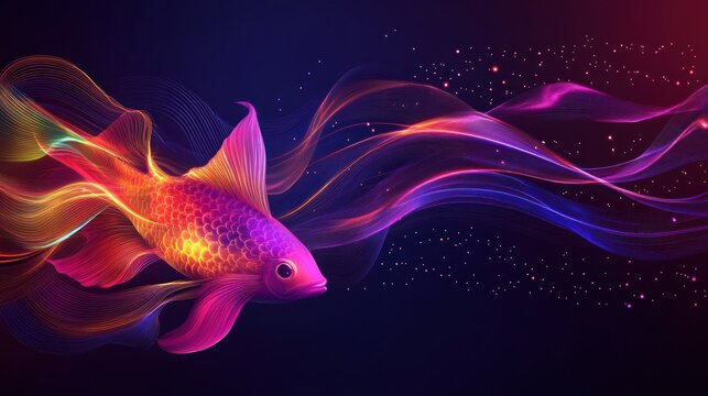 Abstract, colorful fish, flowing, dark background