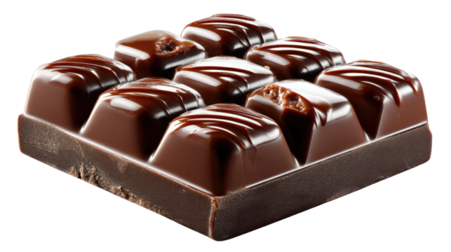 Delicious Chocolate Selection: A close-up shot of a delectable assortment of assorted chocolate candies, each with a unique shape, tempting textures, and a rich, dark brown hue.