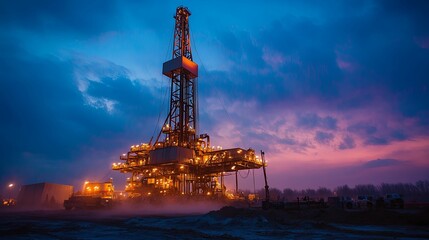 Oil rig at twilight against a dramatic sky.
