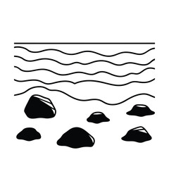 Minimalist Black And White Ocean Waves Illustration With Rocks Silhouette Vector