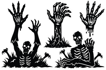 Zombie hands silhouette. Creepy zombie crooked lambs stick out of graveyard ground illustration set. Halloween zombie hands. Halloween and nightmare, creepy and evil zombie.