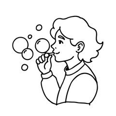 Line Art Of A Smiling Child Blowing Bubbles Illustration Isolated On White
