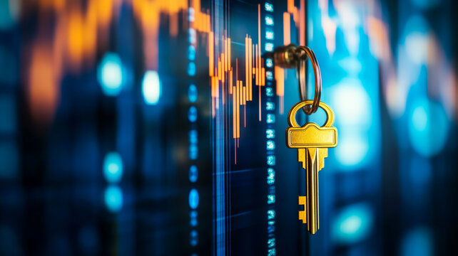 A golden key hanging on the edge of an open door, with blurred stock market charts in the background. The concept symbolizes access to new stock trading opportunities .