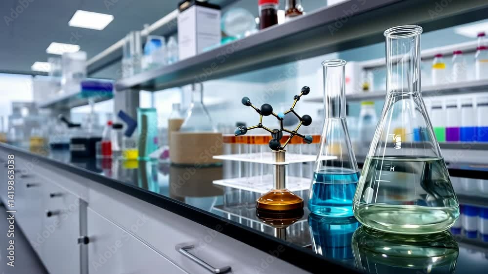 Poster exploring a modern laboratory with various glassware and scientific equipment in use for experiments