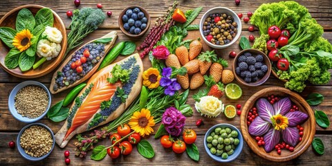 Fototapeta premium A Vibrant Array of Nutritious Foods Featuring Colorful Fruits, Vegetables, and Grains Arranged Artistically on a Rustic Wooden Surface