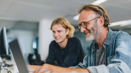 Obraz premium Two individuals working together on a laptop. Collaboration and mentorship in action. Focused and happy to be working on this project.