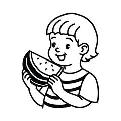 Smiling Boy Holding Watermelon Slice Black And White Outline Drawing For Coloring Books