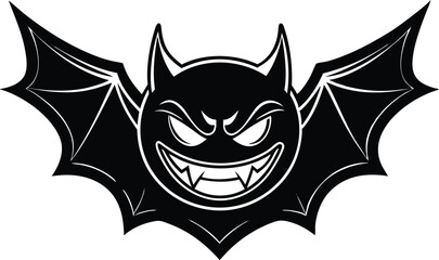 black and white bat, horror halloween bat icon, bat with wings, black and white halloween bat, smiling bat wing silhouette vector icon, ghost type horror bat.