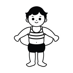 Cartoon Boy Ready To Swim With Inflatable Ring Cute Outline Black And White