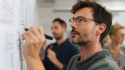 Brainstorming session: Man with glasses sketches ideas on whiteboard during a meeting, fostering creative collaboration and project planning.