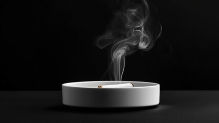 A white ashtray with a lit cigarette in it, the smoke rising from the cigarette and into the air, isolated on a black background, high-resolution photography