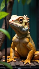 Fototapeta premium Iguana sits inside small cage, ready for adoption , domesticated, colorful