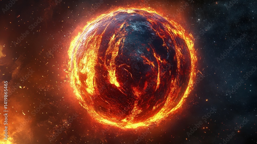 Poster a fiery celestial orb surrounded by interstellar space and particles