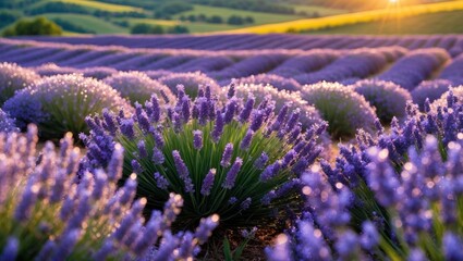 Fototapeta premium Blooming Lavender Field Rows at Sunset with Golden Light Haze