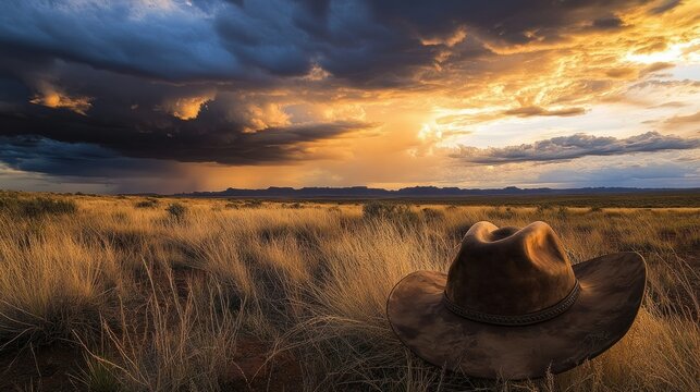 A cowboy hat rests in a field under a dramatic sunset sky