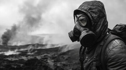 A desolate volcanic wasteland, the air thick with toxic gas, an explorer wearing a gas mask.