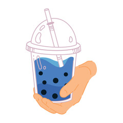 Vivid vector illustration of refreshing bubbly tea with tapioca pearls. A hand with a summer drink. Ideal for food branding, packaging and beverage design. Modern flat design, bright and attractive
