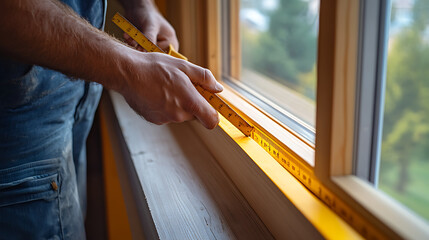 Obraz premium Carpenter measuring wood for window frame. Featuring precision and craftsmanship