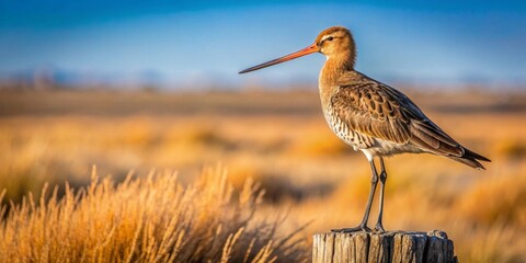 A solitary wading bird perched on weathered wood, golden grasses swaying gently in the background under a vibrant sky.