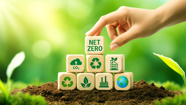 Net Zero and Carbon Neutral Concepts Net Zero Emissions Goals A climate-neutral long-term strategy Ready to put wooden blocks by hand with green net center icon and green icon on gray background.