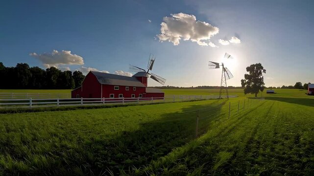 Beautiful Rural Landscape with Red Barn and Windmills at Sunset