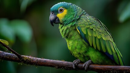 Obraz premium Parrot in a rainforest with dew-covered feathers