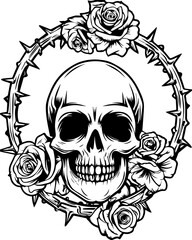 Obraz premium Dark Gothic skull and floral fusion design in SVG format.Skull Surrounded by Roses and Thorns in a Vintage Tattoo Style Design