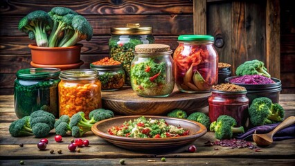 A Rustic Still Life Featuring an Array of Fermented and Preserved Vegetables in Glass Jars, Arranged on a Wooden Surface with Fresh Broccoli and Cranberries