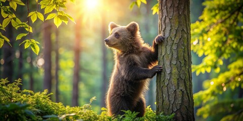 Obraz premium Golden Hour Cub A Young Bear Stands by a Tree in a Lush Forest, Bathed in Sunlight