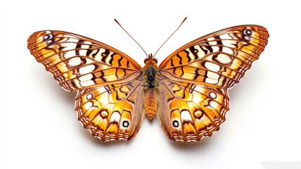 Photorealistic photograph of a brown butterfly with white and yellow dots on its wings, isolated against a background of an Adobe Stock print pattern. White background.