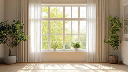 Fototapeta premium Bright and Airy Interior Space Featuring a Large Window with Tall Curtains, Indoor Plants, and Natural Light Streaming into the Room