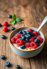 A rustic wooden countertop holds a bowl of cereal topped with fresh blueberries and raspberries, fresh, home