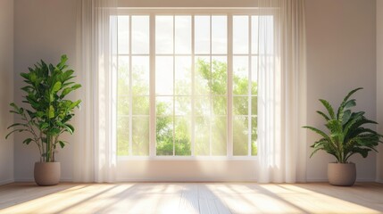 Fototapeta premium Bright and Serene Indoor Space with Large Window, Green Plants, and Soft Natural Light Pouring Through Sheer Curtains