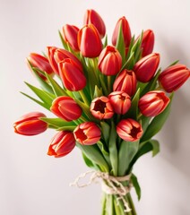 Naklejka premium A vibrant bouquet of red tulips tied simply with natural raffia, stock photo, red