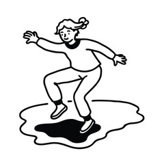 Happy Woman Playfully Jumping In A Puddle Line Art Illustration In Black And White